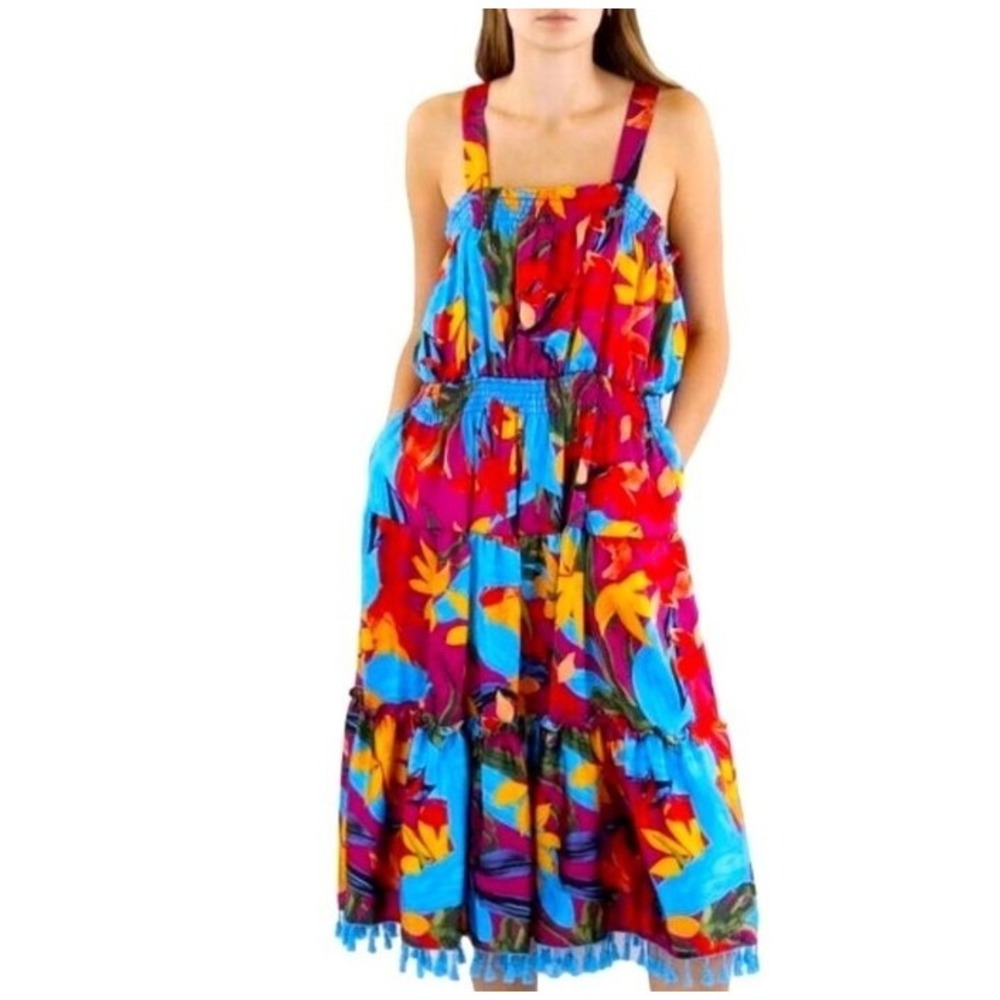 Tahari ASL Floral Tiered Midi Dress Smocked Waist Tassel Trim Multi Color 18W